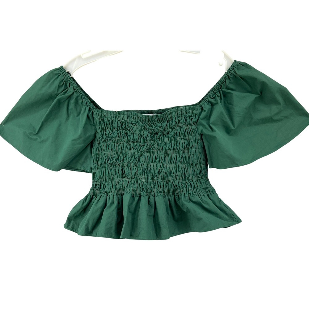 Lost + Wander Shirt Sz XS Green Smocked Off Shoulder Flutter Sleeve Peplum‎
